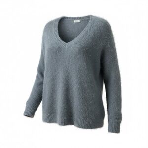 GF‎ Collection Pullover Furry Sweater Large V-Neck Women's Gray Split Hem Cozy